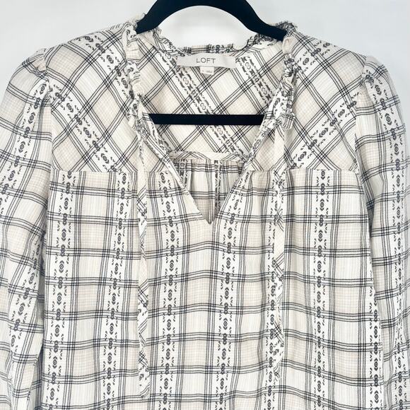LOFT Plaid Ruffle Tie Front Long Sleeve Blouse Size S - Picture 3 of 6
